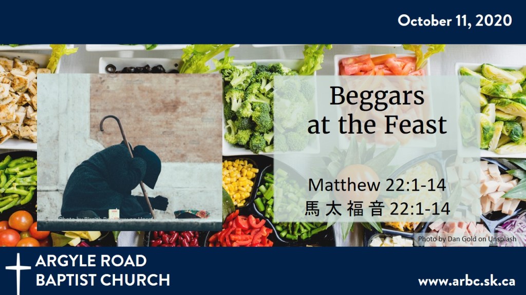 Picture of beggar overtop of a lot of food, to illustrate sermon topic "Beggars at the Feast"