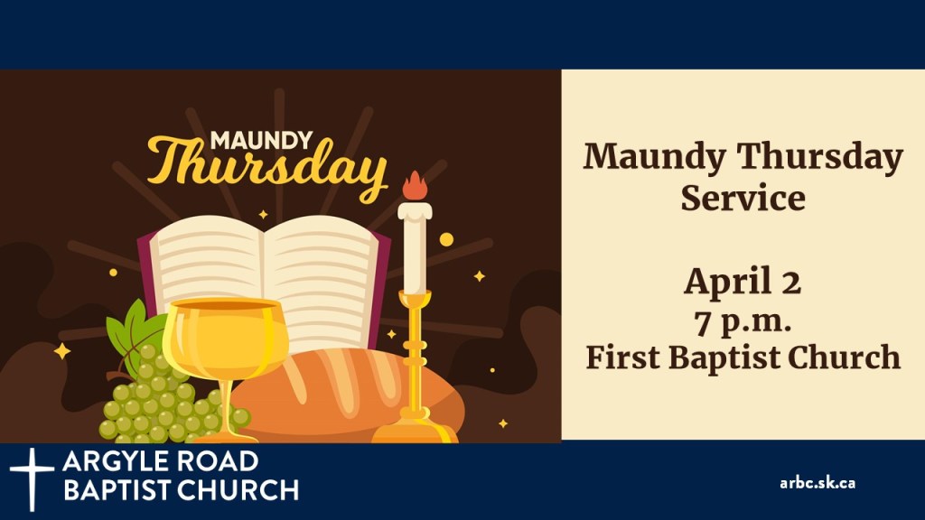 drawing of Bible, candle, grapes, goblet, and bread with text "Maundy Thursday"