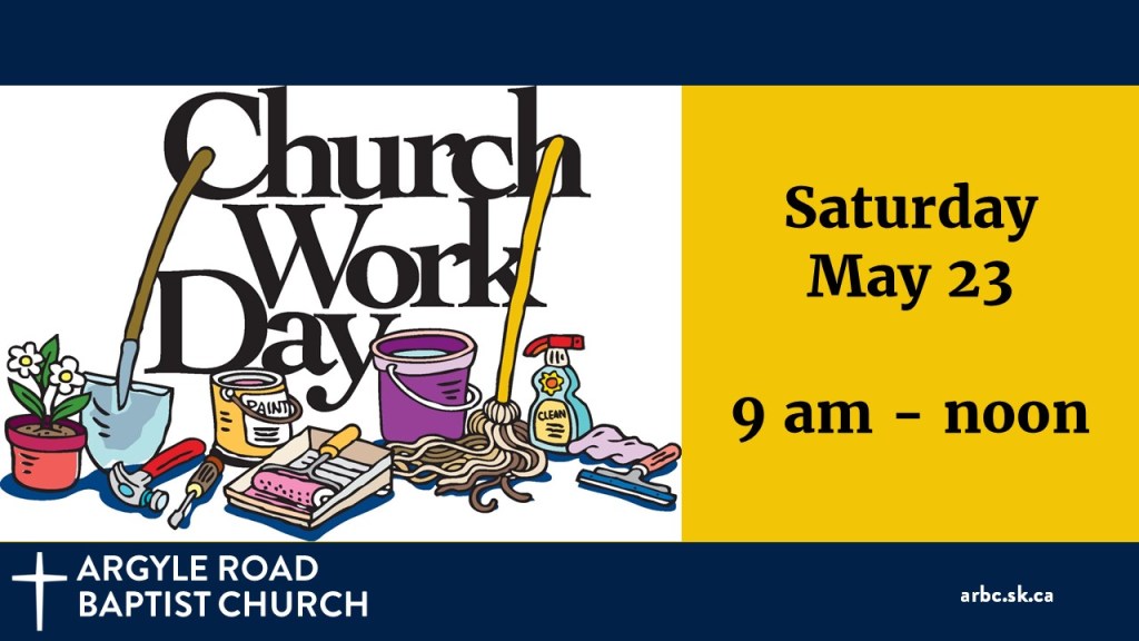 A collection of cleaning supplies and the words "Church Work Day"