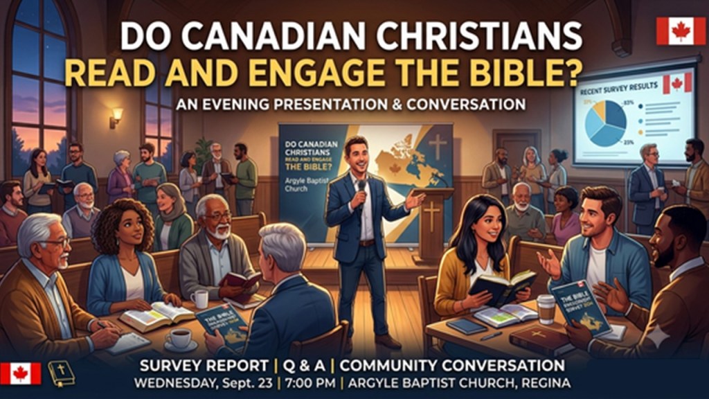 poster from the Canadian Bible Society showing many people talking, with a presenter and presentation slides in the background.