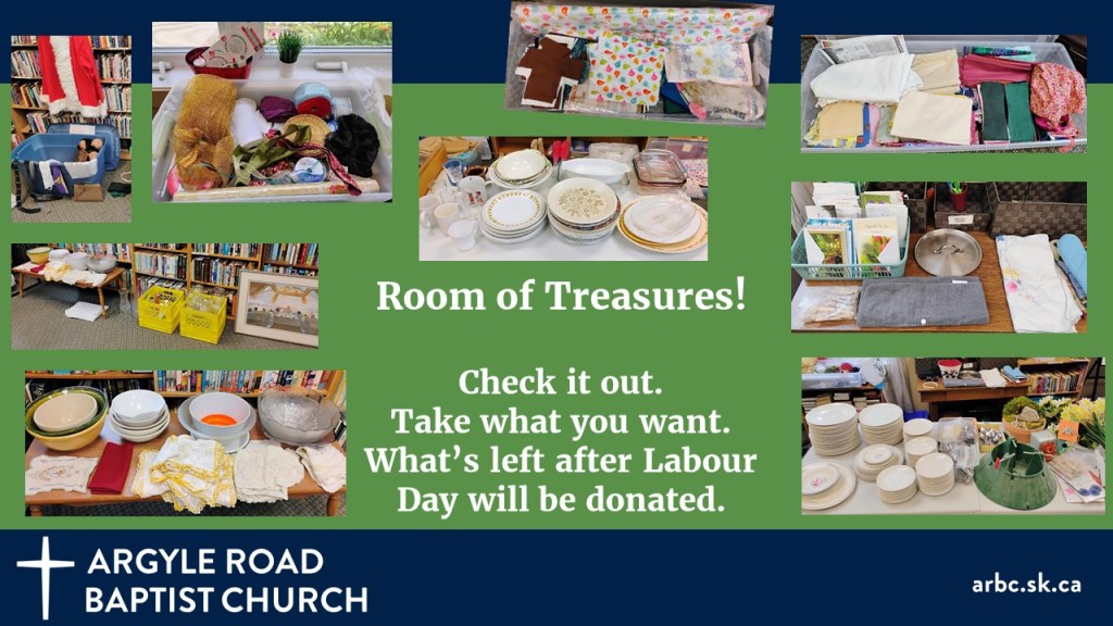 photos of the various items in the giveaway room at the church